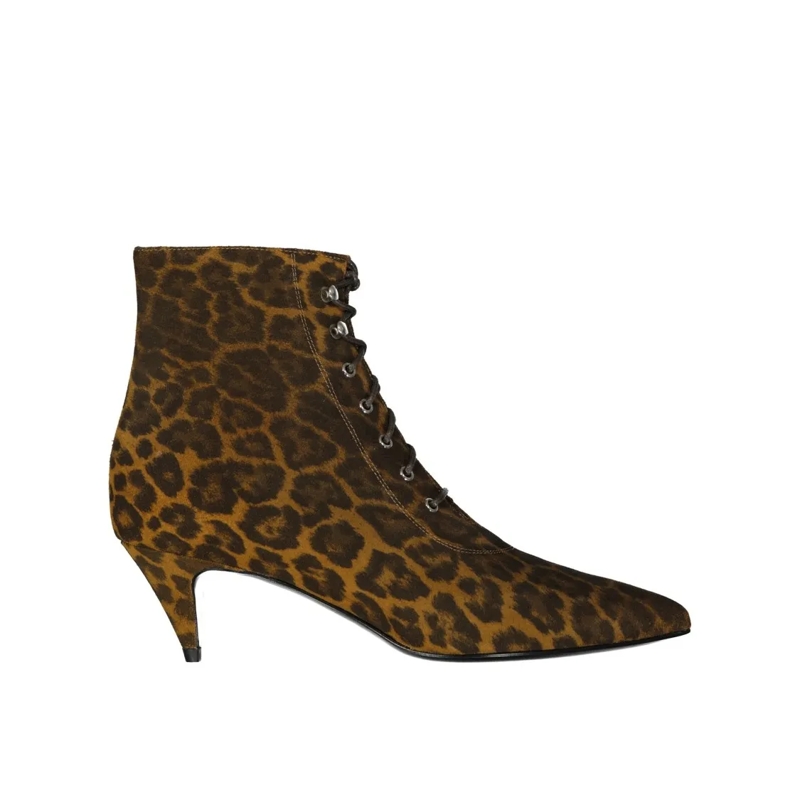 Saint Laurent Bottes Kiki Lace-Up Leopard-Print Ankle Boots Black