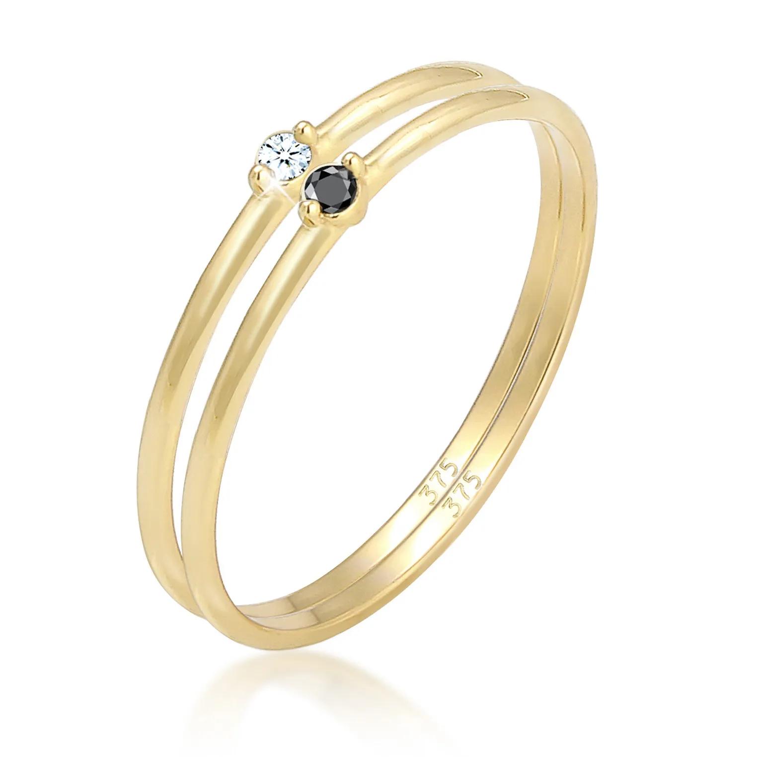 Elli Ringe - Ring Solitär Schwarz Weiss Diamant (0.03 ct.) Gelb - Gr. 52 MM - in Gold - für Damen