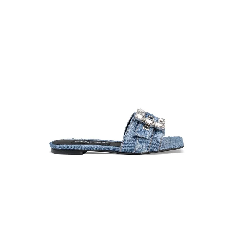 Dolce&Gabbana Sandalen Blue Denim Sandals With Rhinestone Buckle Blue