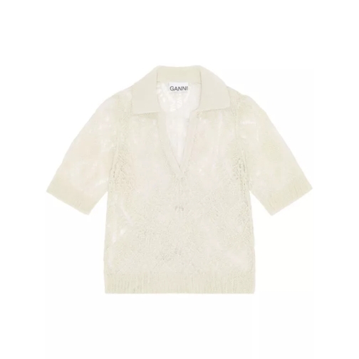 GANNI Organic-Cotton Lace Polo Shirt Neutrals 