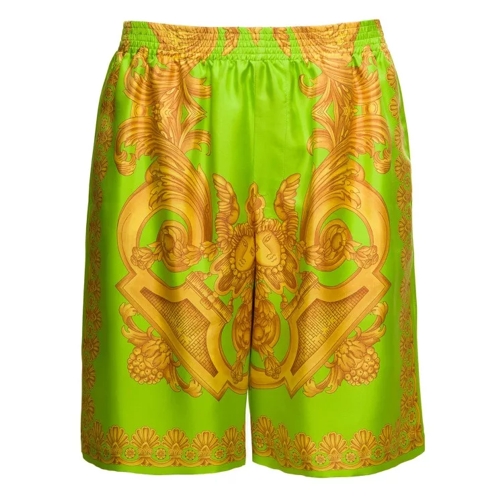 Versace Green And Gold Shorts With All-Over Barrocco Print Green Shorts