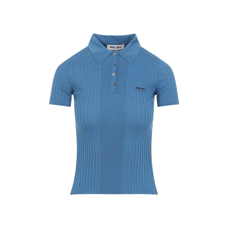 Miu Miu Overhemd Ribbed Knit Polo Shirt In Wool Blue