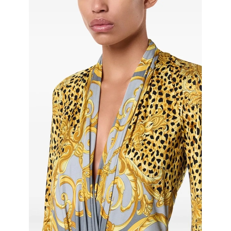 Versace  Graphic Print V-Neck Bodysuit Grey