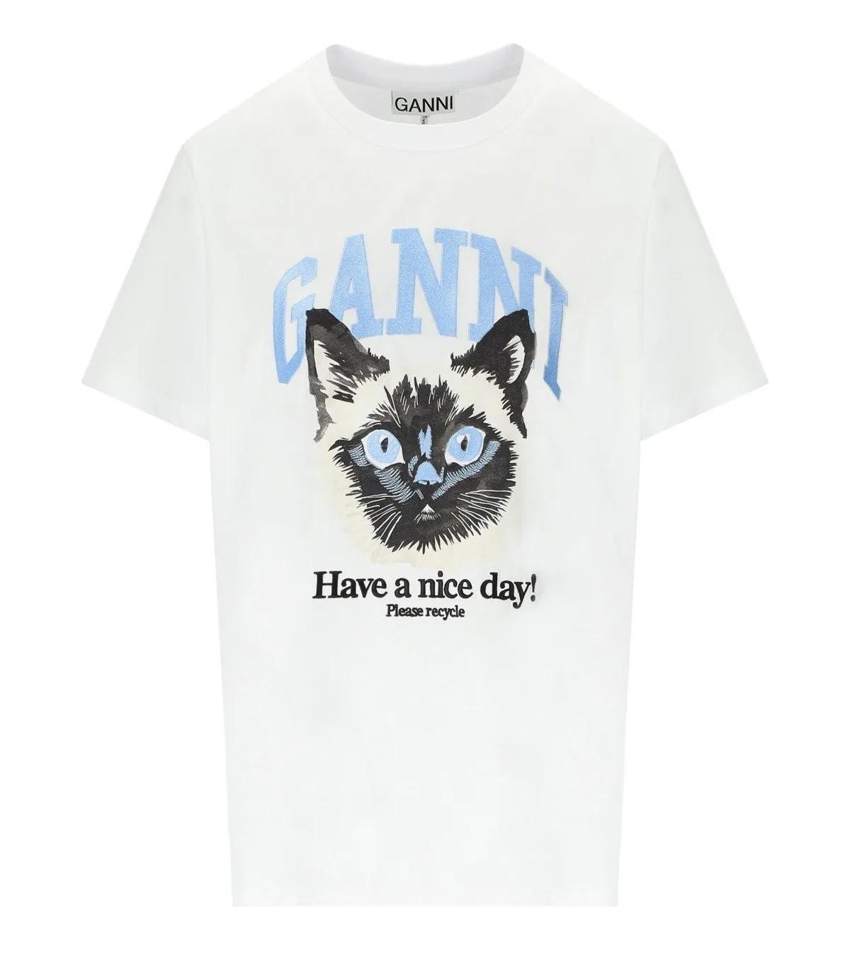 GANNI - GANNI JERSEY CAT WEISSES T-SHIRT - Größe L - weiß