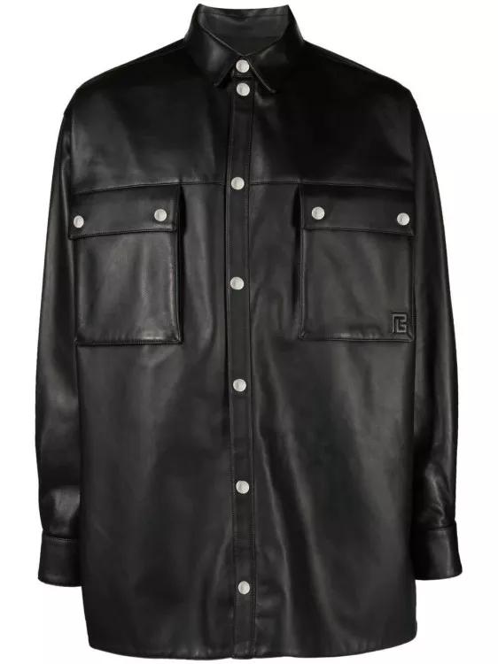 Balmain - Embossed-Logo Leather Shirt - Größe 40 - black