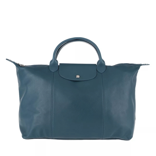 Longchamp Le Pliage Leather Shopping Bag Blu Avio Tote