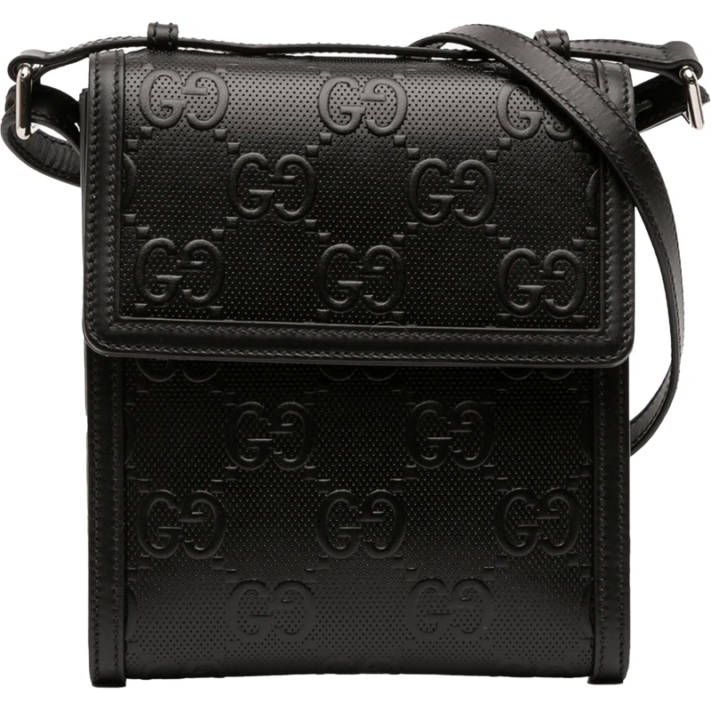Gucci Schultertasche GG Embossed Leather Flap Crossbody schwarz