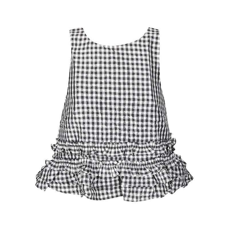 GANNI Bluse Crinkled Taffeta Gingham Top With Ruches White