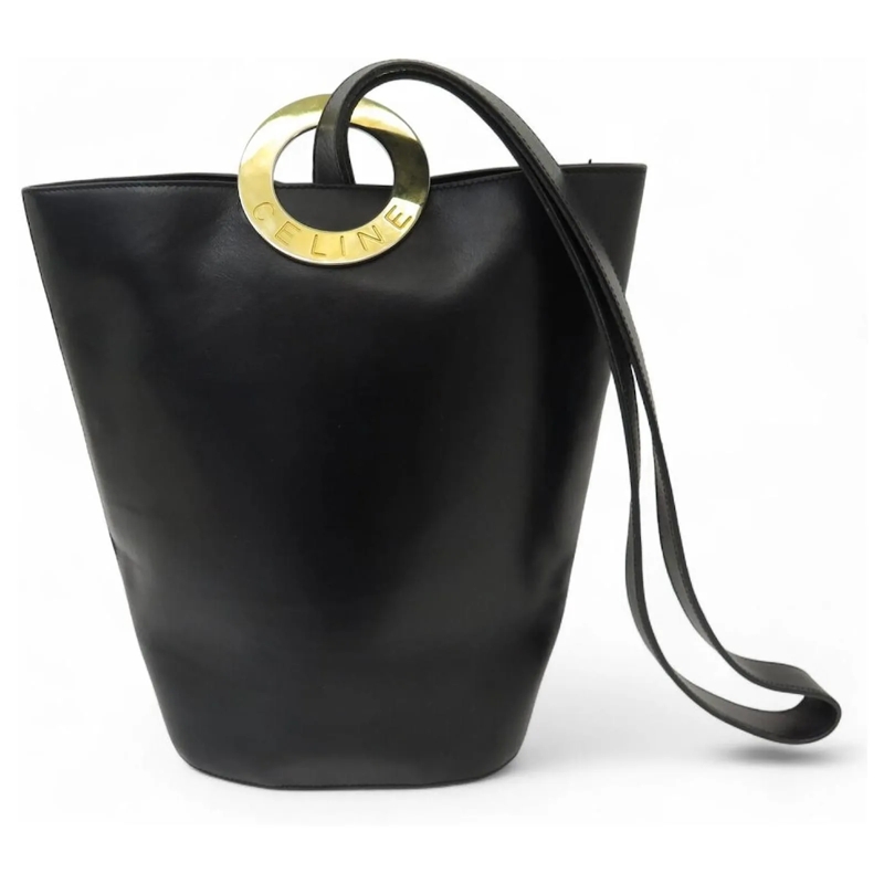 Celine Bucket Bag VINTAGE CELINE SCHWARZE BOX LEDER EIMER HANDTASCHE schwarz