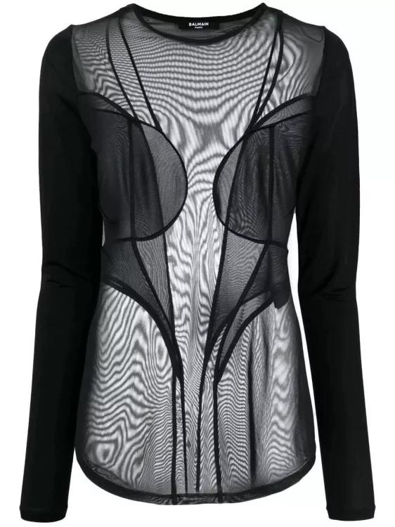 Balmain - Semi-Sheer Panelled Top - Größe XS - black