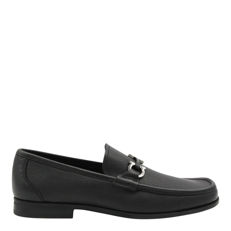 Salvatore Ferragamo Mocassin Textured Leather Loafers With Silver-Toned Bit Det Black