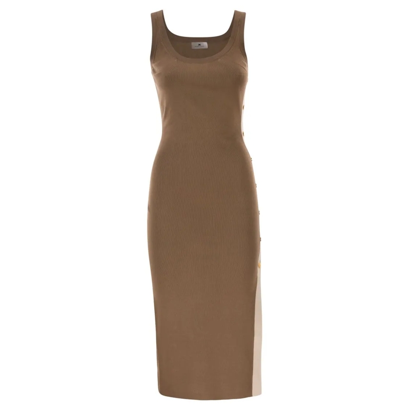 Elisabetta Franchi Midi-jurk Fitted Midi Dress With Shiny Viscose Bands Brown