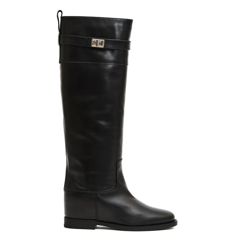 Via Roma 15 Bottes Tall Black Leather Boots With Silver Clasp Detail Black