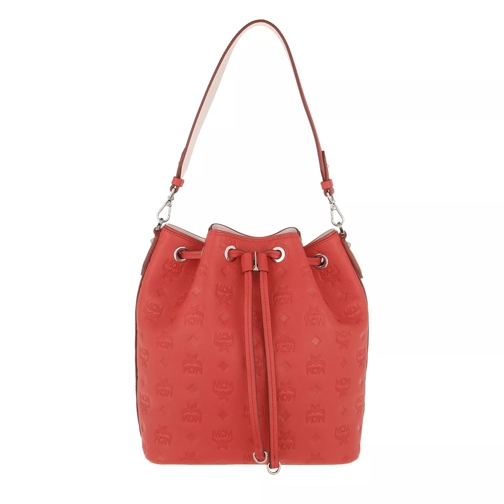 MCM Essential Monogrammed Leather Drawstring Small Viva Red Bucket Bag