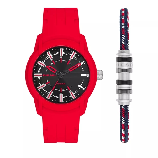 Diesel Armbar Three-Hand Silicone Watch and Bracelet Set Red Montre à quartz