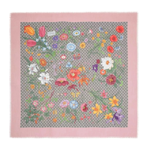 Gucci GG Flora Printed Wool Silk Scarf Beige/Pink Lightweight Scarf