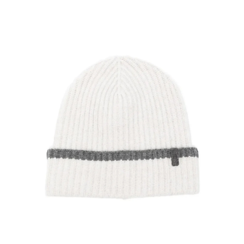 Brunello Cucinelli Hut Ribbed Knit Beanie With Contrasting Stripe Detail White