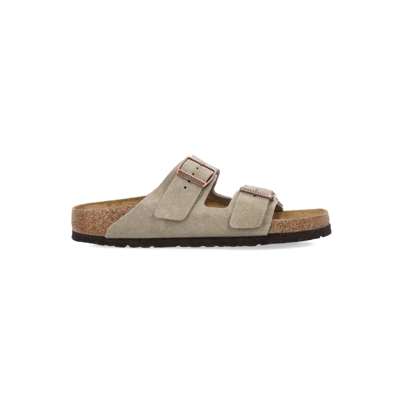 Birkenstock Mocassin Arizona Suede Flat Sandals In Taupe Brown