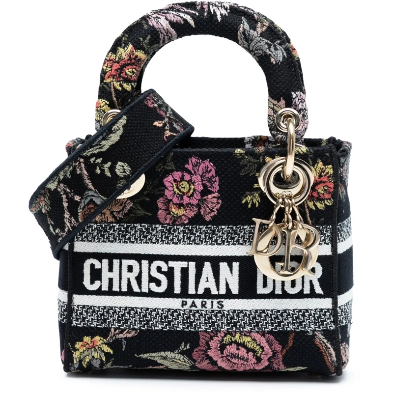 Christian Dior Schultertasche Mini Embroidered Canvas Mille Fleurs Lady D Lite schwarz
