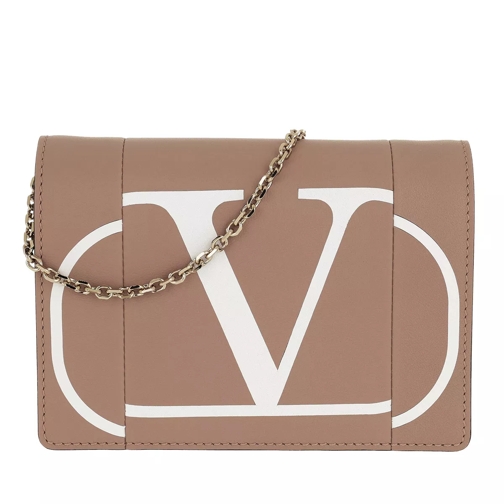 Valentino Garavani V Logo Print Chain Clutch Leather Rose/Bianco Crossbody Bag