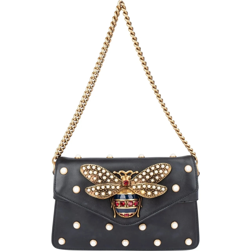 Gucci Schultertasche Gucci Black Leather Queen Margaret Bee Shoulder Ba schwarz