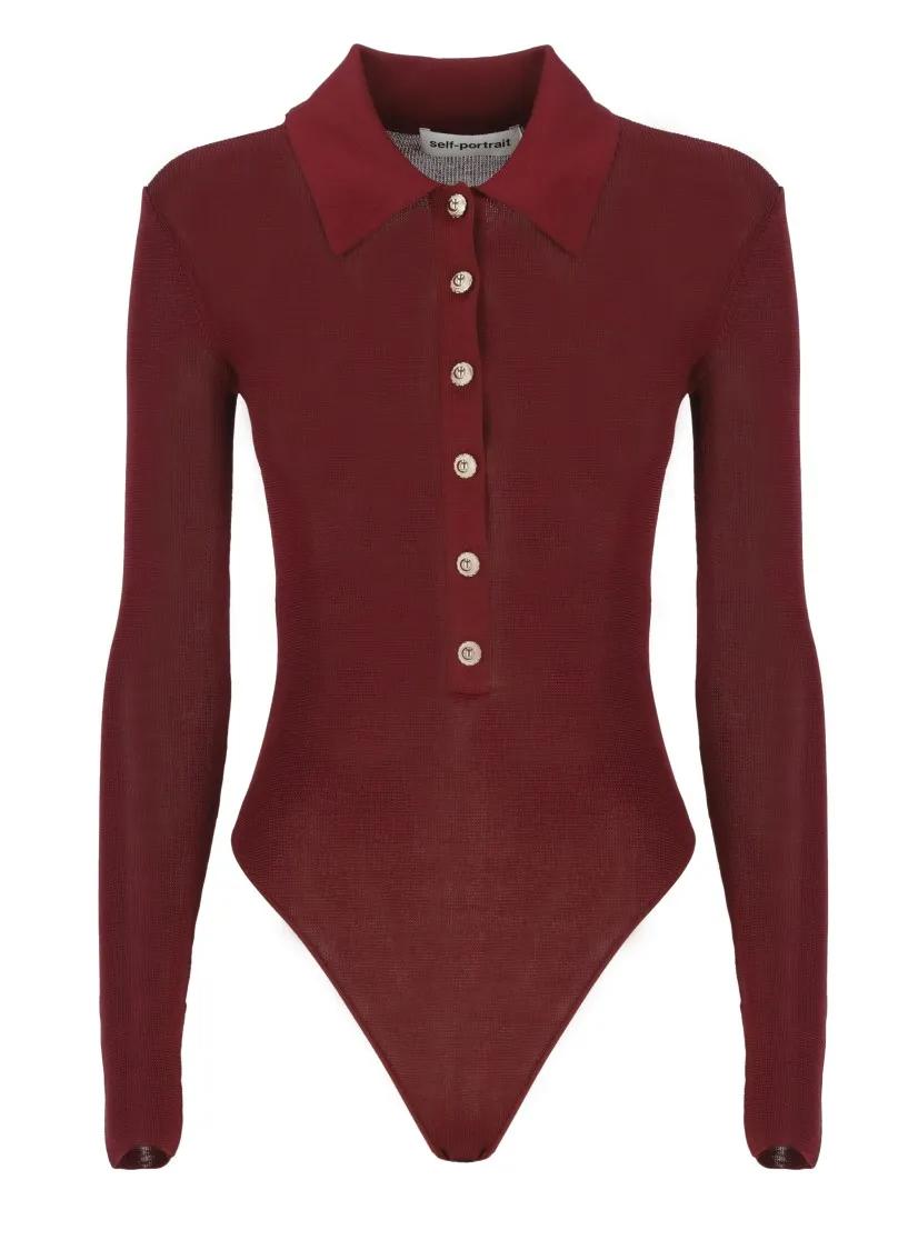 Thumbnail - self-portrait - Bordeaux Viscose Bodysuit With Classic Collar - Größe L - rot
