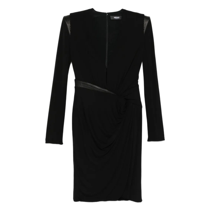 Versace Midi-jurk Draped Black Minidress With Quilted Leather Insert Black