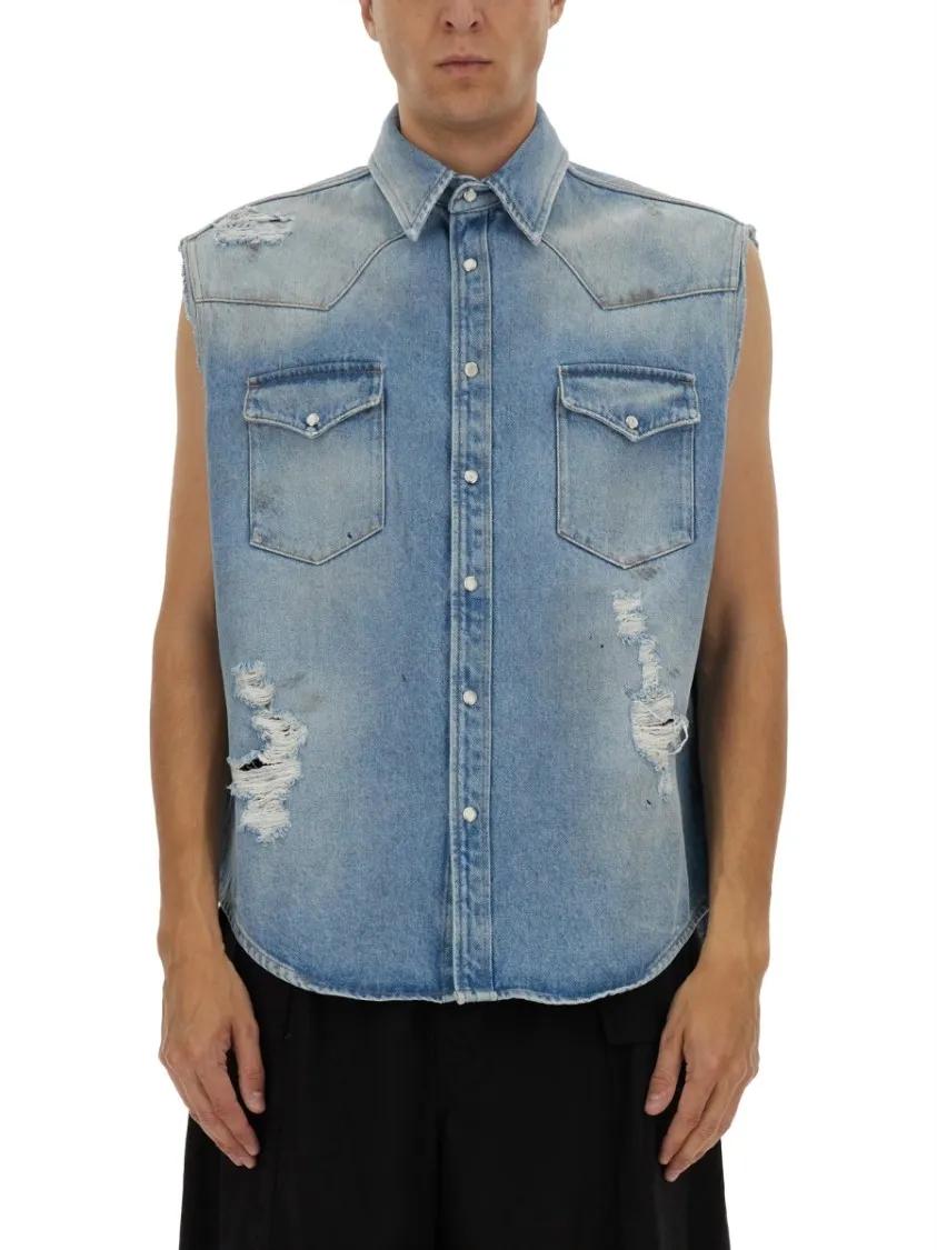 Thumbnail - MM6 Maison Margiela - Button-Up Sleeveless Denim Shirt With Contemporary - Größe 50 - blau