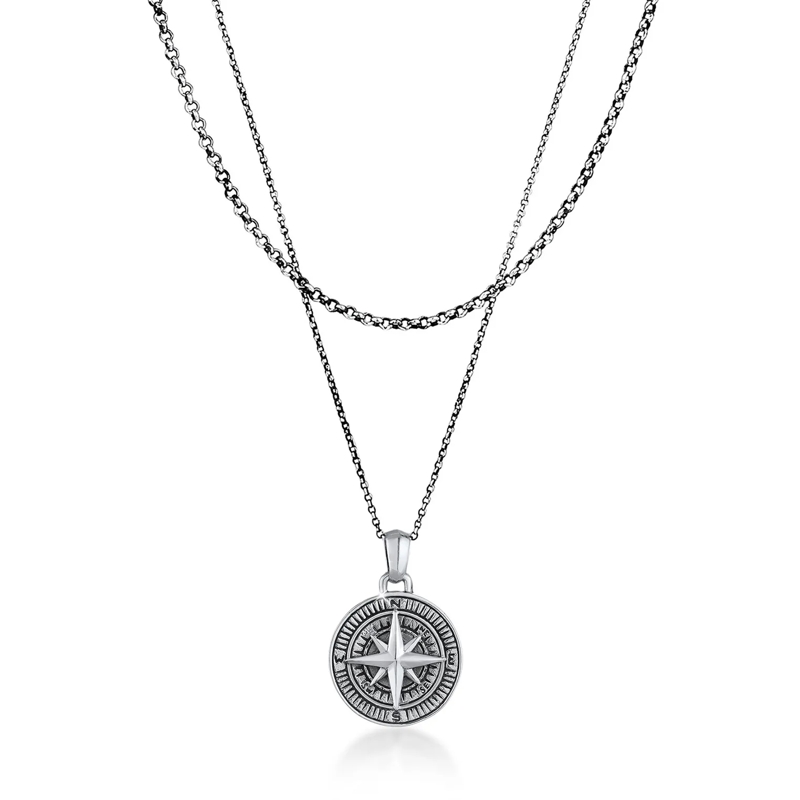 Kuzzoi Mittellange Halskette Halskette Herren Layer Erbskette Kompass 925 Silbe grau