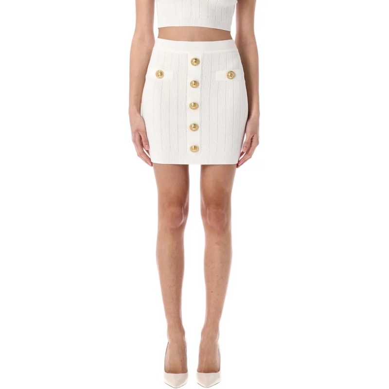Balmain Minirock Fitted White Ribbed Knit Mini Skirt Neutrals