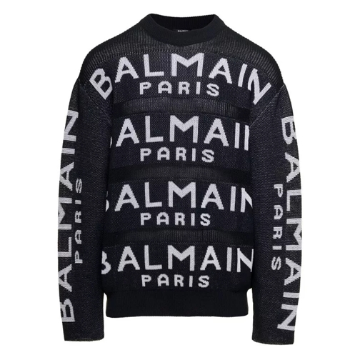 Balmain Black Long Sleeve Sweater With Intarsia Logo In Co Black 