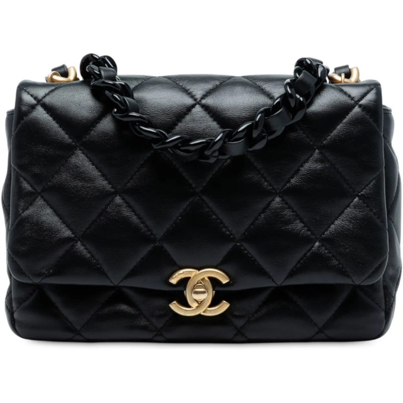 Chanel Schultertasche Mini Quilted Lambskin Lacquered Chain Flap schwarz