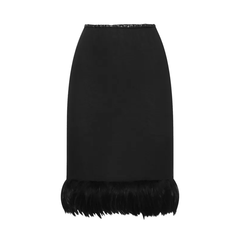 Saint Laurent Midirock Feathers Trim Silk Skirt Black