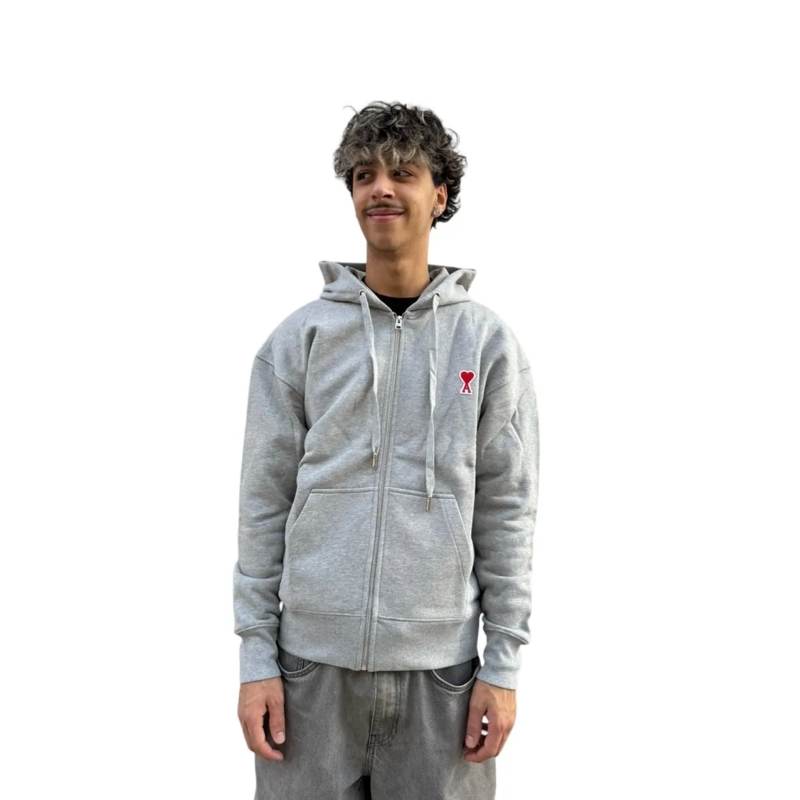 AMI Paris  Light Grey Zip-Up Hoodie With Drawstring Hood Grey