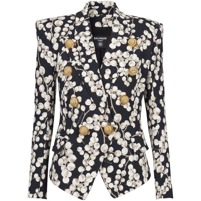 Balmain Blazer Graphic Print Double-Breasted Jacket Grey