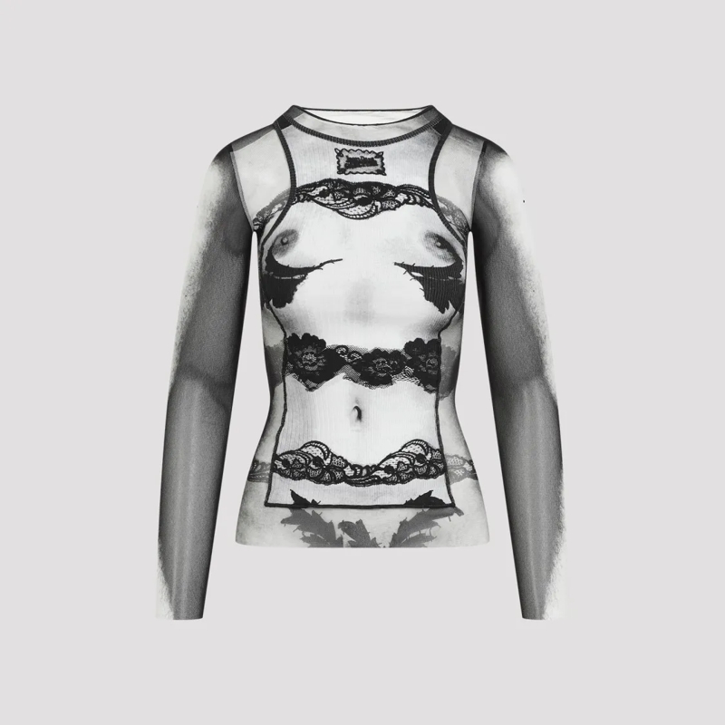 Jean Paul Gaultier Langärmeliges Oberteil Fitted Top With Graphic Lace Design Grey