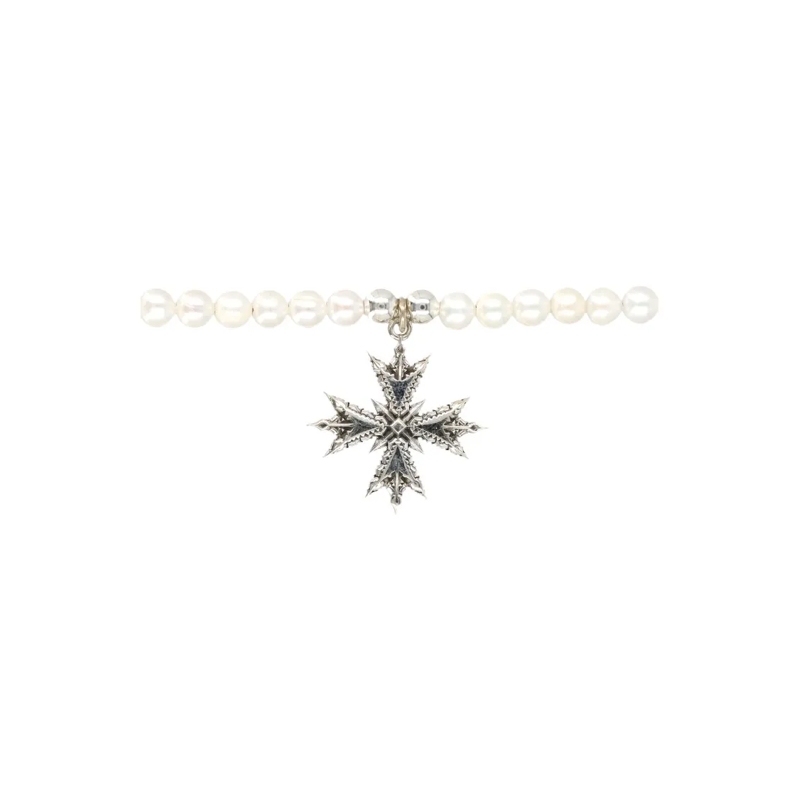 Emanuele Bicocchi Mittellange Halskette Pearl Necklace With Silver Cross Pendant White