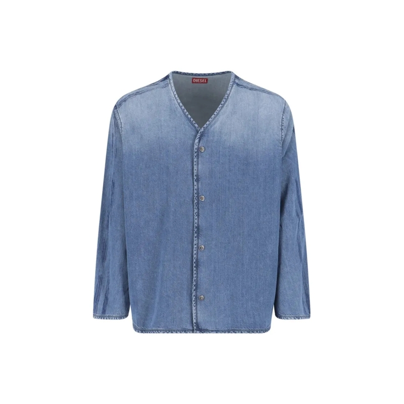 Diesel Chemise Denim Shirt With V-Neckline And Bold Back Graphic Blue
