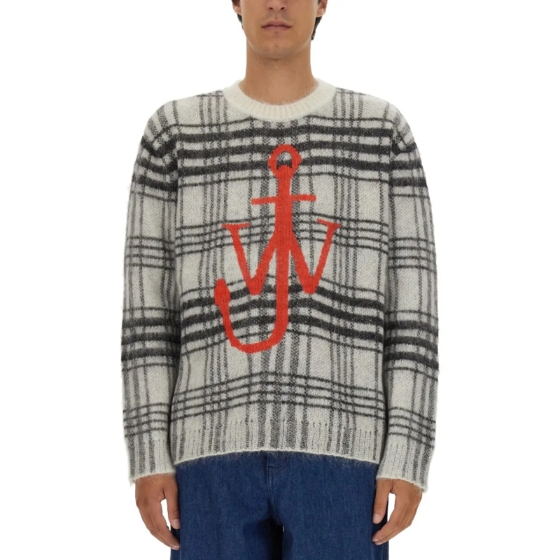 J.W.Anderson Pull Classic Plaid Knit Jersey With Bold Anchor Logo Grey