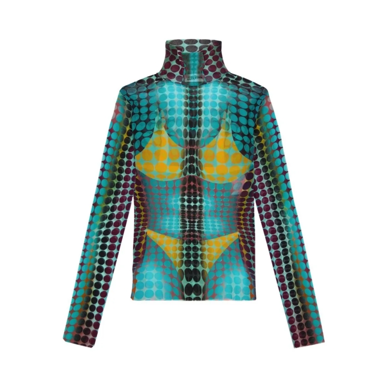 Jean Paul Gaultier Langärmeliges Oberteil High-Neck Long-Sleeved Top With Multicolour Patter Green