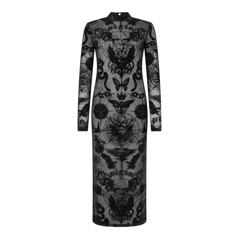 Philipp Plein Maxikleid Open Back Maxi Dress Flock Butterfly Tattoo schwarz