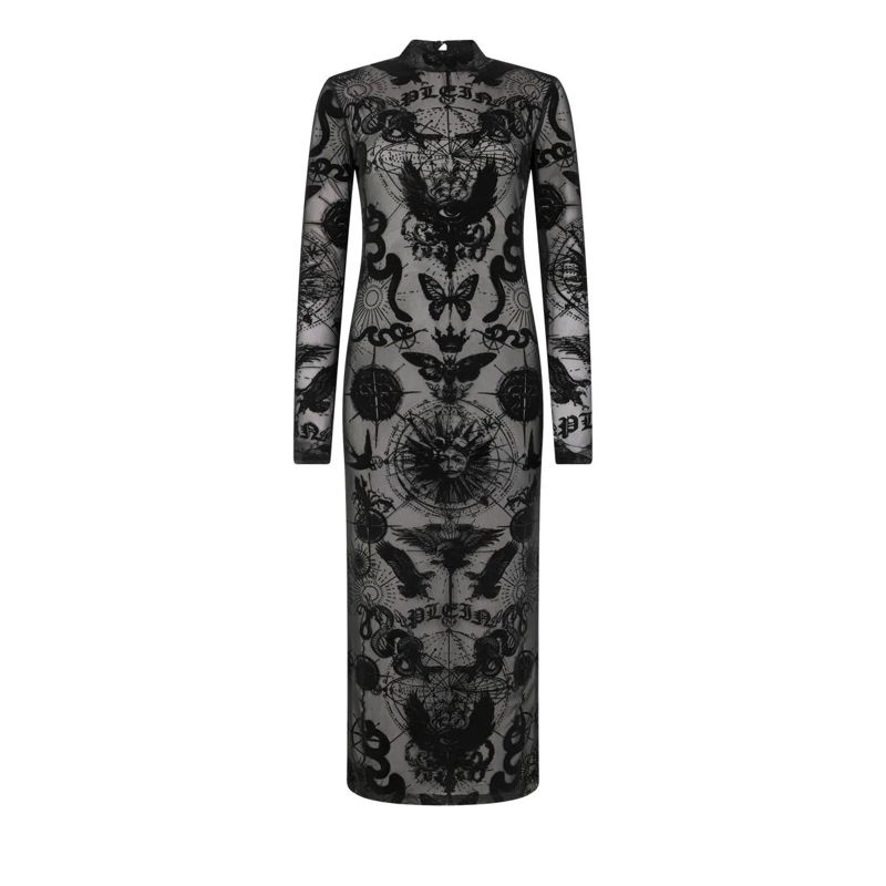 Philipp Plein Maxikleid Open Back Maxi Dress Flock Butterfly Tattoo schwarz(Image 5)