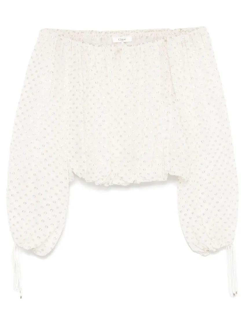 Thumbnail - Chloé - Off-The-Shoulder Silk Blouse With Voluminous Sleev - Größe 42 - weiß