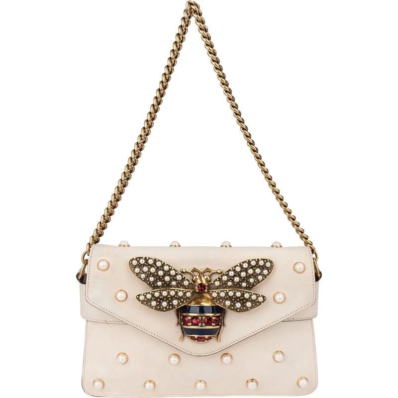 Gucci Schultertasche Gucci White Leather Queen Margret Bee Shoulder Bag weiß
