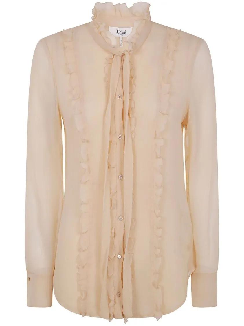 Thumbnail - Chloé - Ruffled Silk Shirt With Sheer Elegance - Größe 40 - beige