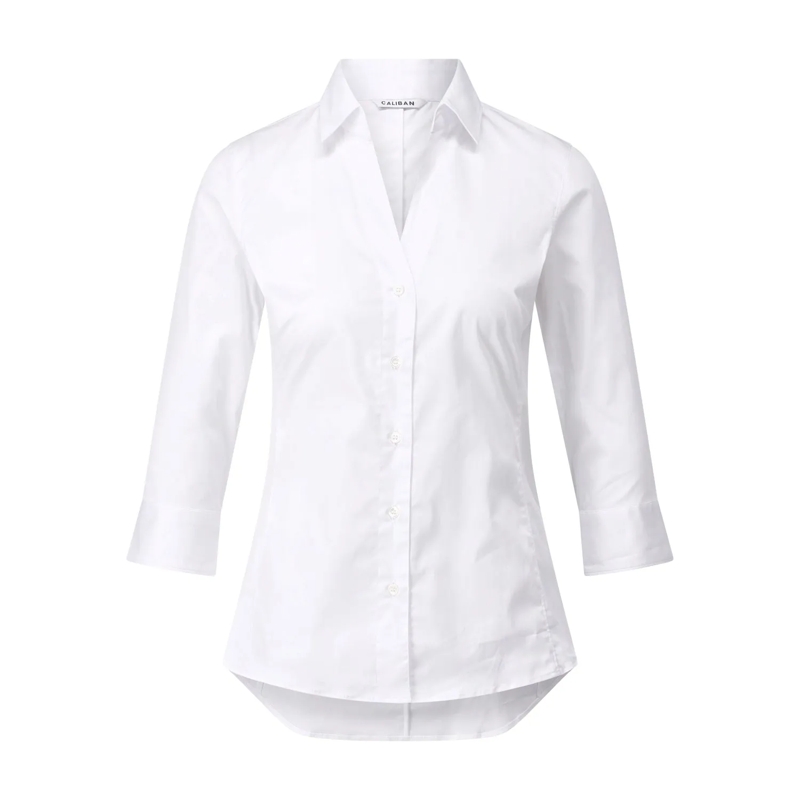 CALIBAN Blouse Baumwollbluse mit tiefem Ausschnitt weiß