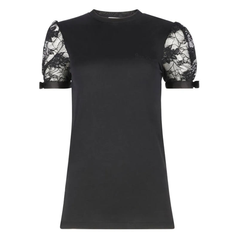 Nina Ricci Blouse Short-Sleeved Top With Lace Sleeves And Bow Detail Black