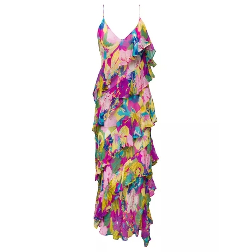 MSGM Long Dress With Frills Embellishment And Floreal P Multicolor 