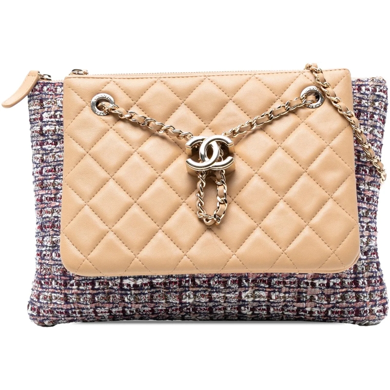 Chanel Schultertasche Quilted Lambskin and Tweed Double Case with Chain braun