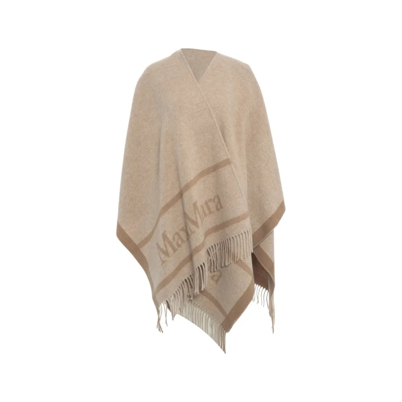Max Mara Cape Fringe-Detail Wool Cape With Logo Print Neutrals